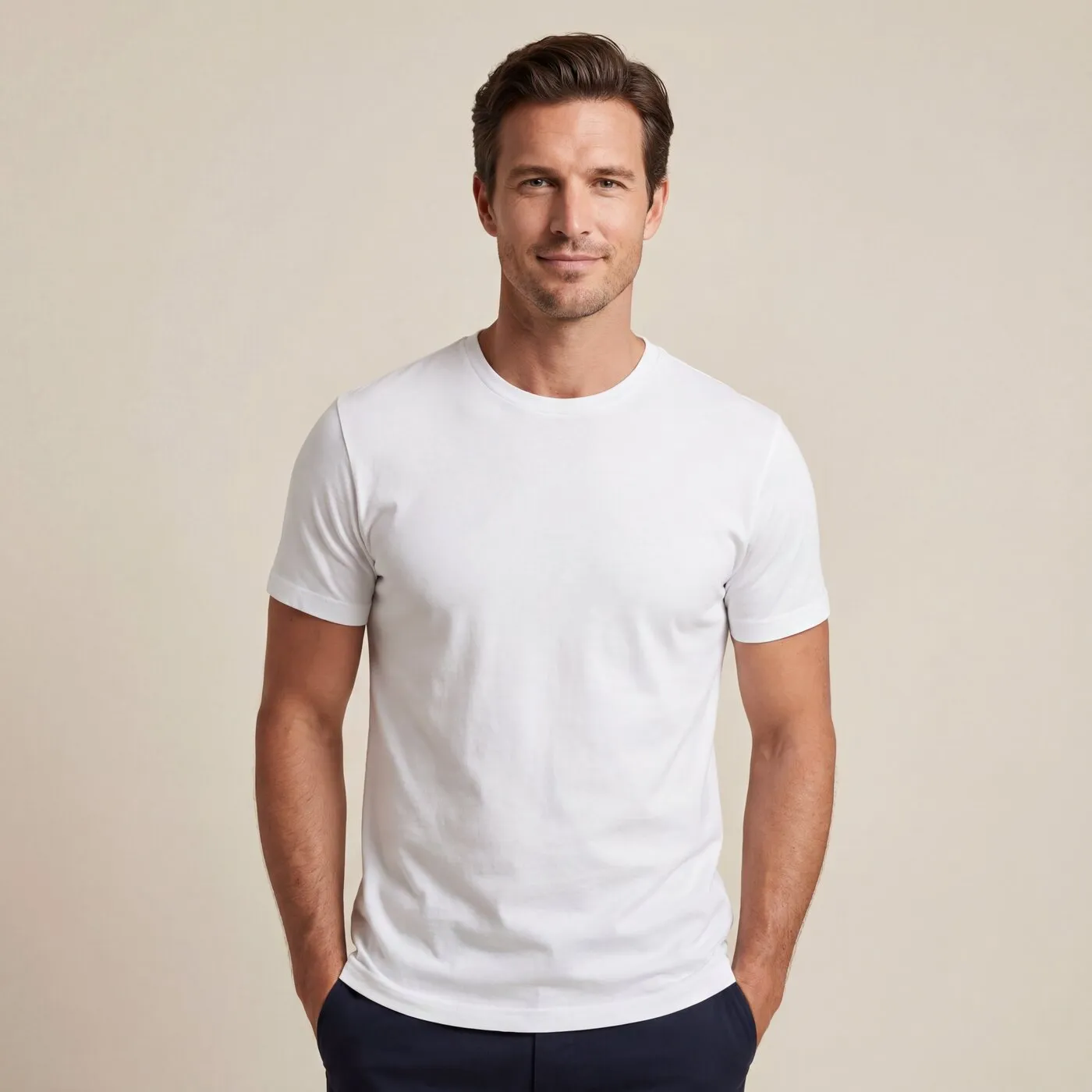 Сгенерированная фотомодель в белой футболке